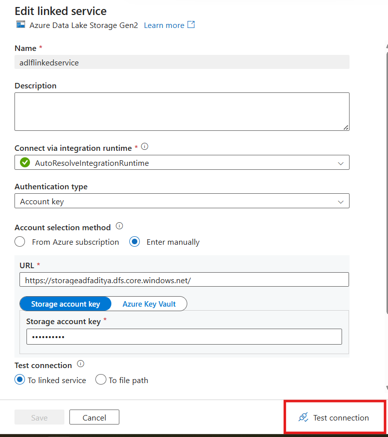 ADF Studio Linked Service creation screen showing ADLS Gen2 selected with connection test successful
